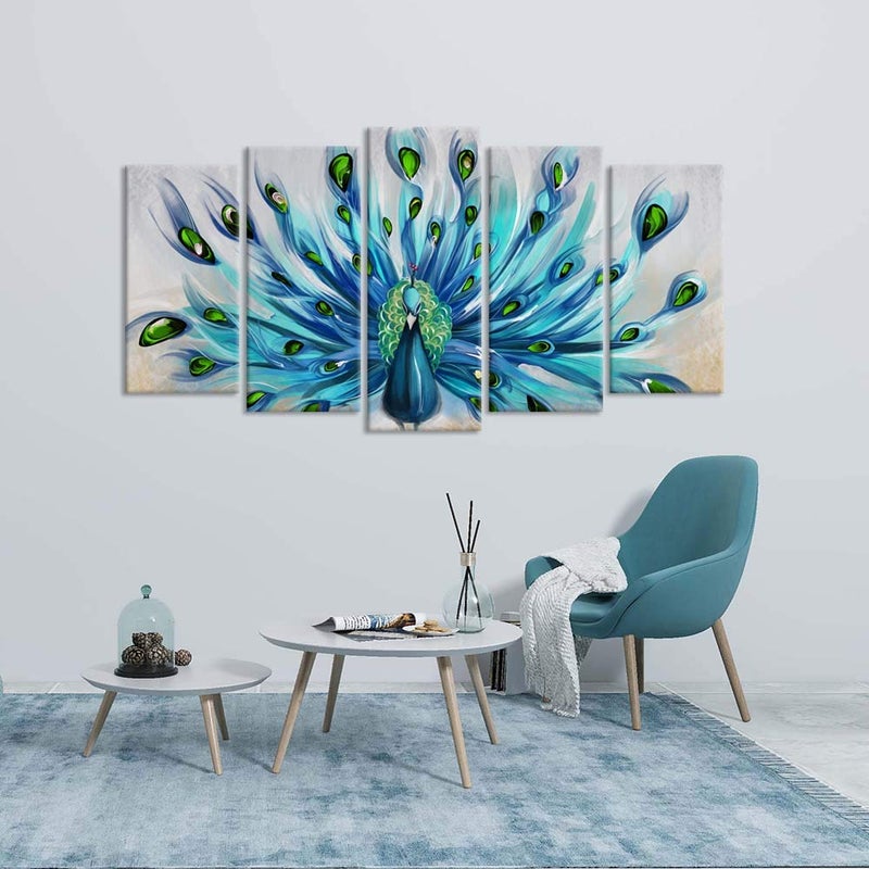Zlove Peacock Canvas Wall Art Elegant Peacock Wall Decor Teal and Blue Animal Picture Prints for Living Room Bedroom Decor, 5Pcs - Image 4
